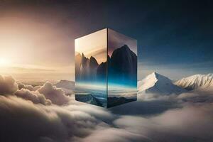 a cube in the sky with clouds. AI-Generated photo