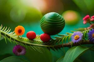 a green and purple flower with a green and red ball. AI-Generated photo