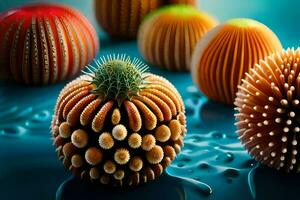 a group of colorful objects with spiky spines. AI-Generated photo