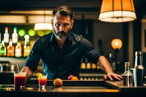 a man is standing behind the bar with a drink. AI-Generated photo