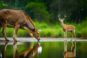 a deer and antelope drinking water from a pond. AI-Generated photo