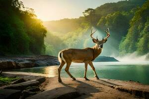 un ciervo soportes en el borde de un río a amanecer. generado por ai foto