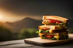 sandwiches stacked on a wooden board with a sunset in the background. AI-Generated photo