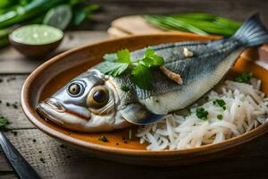 a fish with rice and herbs on a plate. AI-Generated photo