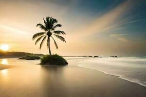 the palm tree on the beach at sunset. AI-Generated photo