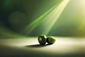 two green olives on a table with a green light. AI-Generated photo