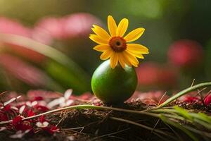 un pequeño amarillo flor se sienta en parte superior de un verde huevo. generado por ai foto