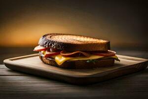 a grilled cheese sandwich on a wooden cutting board. AI-Generated photo