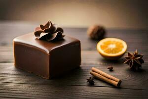 chocolate cake with orange and cinnamon on a wooden table. AI-Generated photo