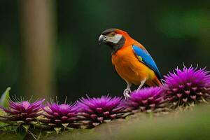 un vistoso pájaro se sienta en parte superior de púrpura flores generado por ai foto