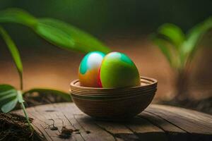 easter eggs in a basket on a stump. AI-Generated photo