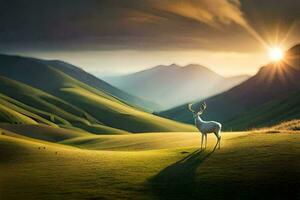a deer stands on a hill in the middle of a green field. AI-Generated photo