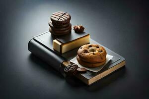 a book with a chocolate cake, a piece of cheese and a piece of chocolate. AI-Generated photo