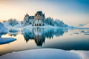 a castle sits on the shore of a lake surrounded by snow. AI-Generated photo