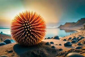 a ball of spiky balls on the beach. AI-Generated photo