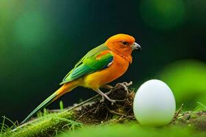 a colorful bird is standing next to an egg. AI-Generated photo