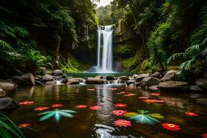 the waterfall is surrounded by flowers and rocks. AI-Generated photo