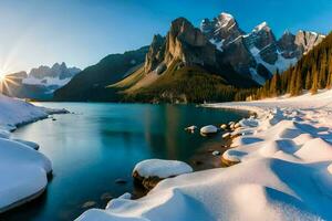 el Dom brilla terminado un lago y nieve cubierto montañas. generado por ai foto