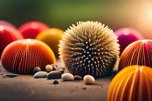 vistoso papel pelotas y puntiagudo pelotas en un playa. generado por ai foto
