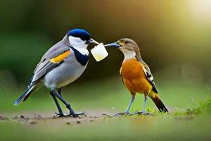 dos aves en pie en el suelo con un pedazo de alimento. generado por ai foto