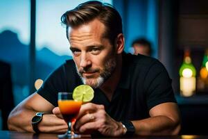 a man sitting at a bar with a drink and a lime. AI-Generated photo