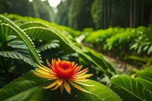 un flor es sentado en parte superior de un verde hoja. generado por ai foto