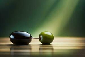 dos aceitunas en un mesa con un verde antecedentes. generado por ai foto