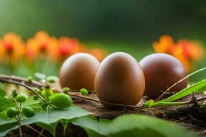 three eggs in a nest with green leaves. AI-Generated photo