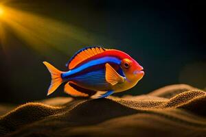 a colorful fish is sitting on a sandy surface. AI-Generated photo
