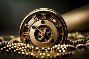 a golden clock with beads on a black background. AI-Generated photo