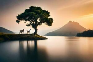 photo wallpaper the sky, trees, water, mountains, deer, the lake, the sunset,. AI-Generated
