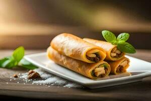 Tres rollos con queso y hierbas en un blanco lámina. generado por ai foto