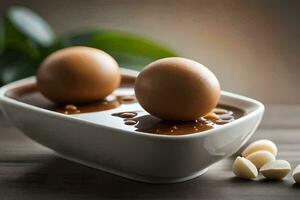 two eggs are in a bowl of chocolate. AI-Generated photo