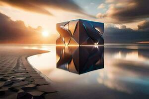 the sun is setting over a cube in the water. AI-Generated photo