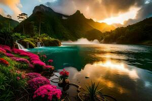 beautiful landscape with colorful flowers and waterfalls. AI-Generated photo