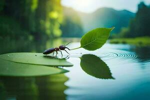 a bug on a leaf in the water. AI-Generated photo