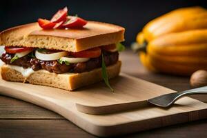 a sandwich with meat, tomatoes and cheese on a wooden cutting board. AI-Generated photo