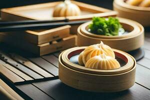 dumplings in bamboo baskets on a wooden table. AI-Generated photo