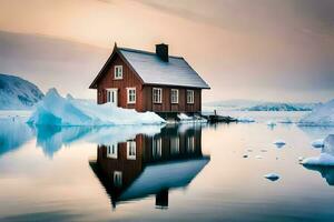 a house on an iceberg in the middle of the ocean. AI-Generated photo