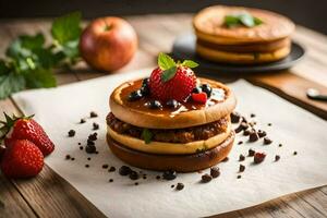 a stack of pancakes with berries and chocolate chips. AI-Generated photo