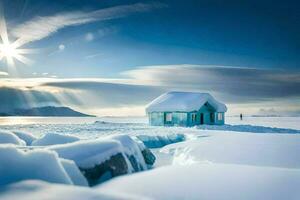 un pequeño casa se sienta en parte superior de un Nevado campo. generado por ai foto