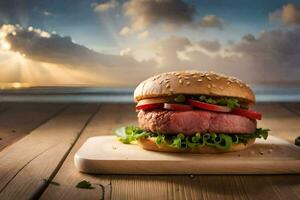 un hamburguesa en un de madera corte tablero con el Dom ajuste detrás él. generado por ai foto
