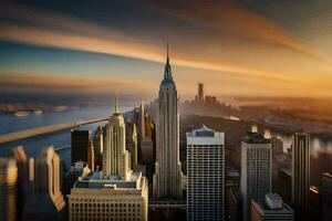 the empire state building is seen in the distance at sunset. AI-Generated photo