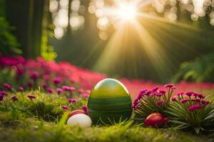 an easter egg is sitting in the grass with flowers. AI-Generated photo