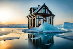 un casa en un iceberg en el medio de el océano. generado por ai foto