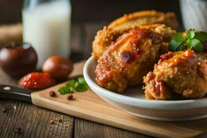 chicken wings with sauce and bread on a plate. AI-Generated photo