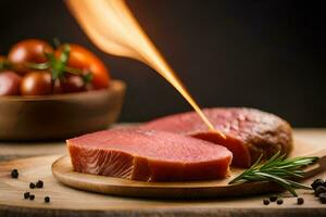 a piece of meat is being cooked on a wooden cutting board. AI-Generated photo