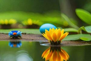 photo wallpaper water, flowers, the sky, the grass, the pond, the flowers, the. AI-Generated