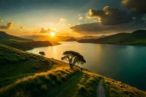 the sun rises over a lake and a grassy hill. AI-Generated photo