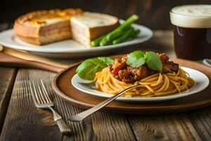spaghetti with meat sauce and bread on a wooden table. AI-Generated photo